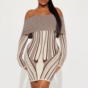 Fashion Nova Brown and Cream Long Sleeve Dress